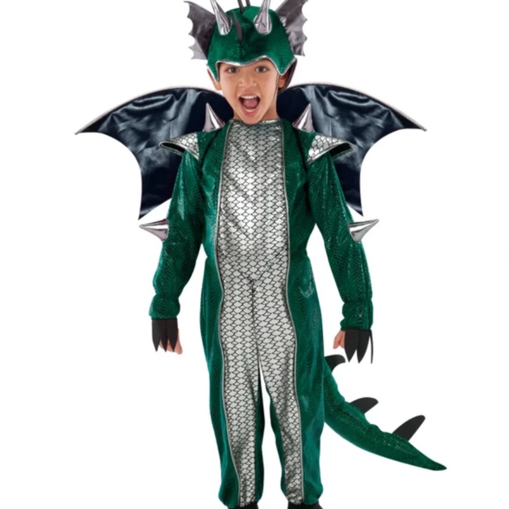 Green Dragon Dinosaur Toddler Kids Halloween Costume 3T-4T Silver scales - Picture 2 of 4
